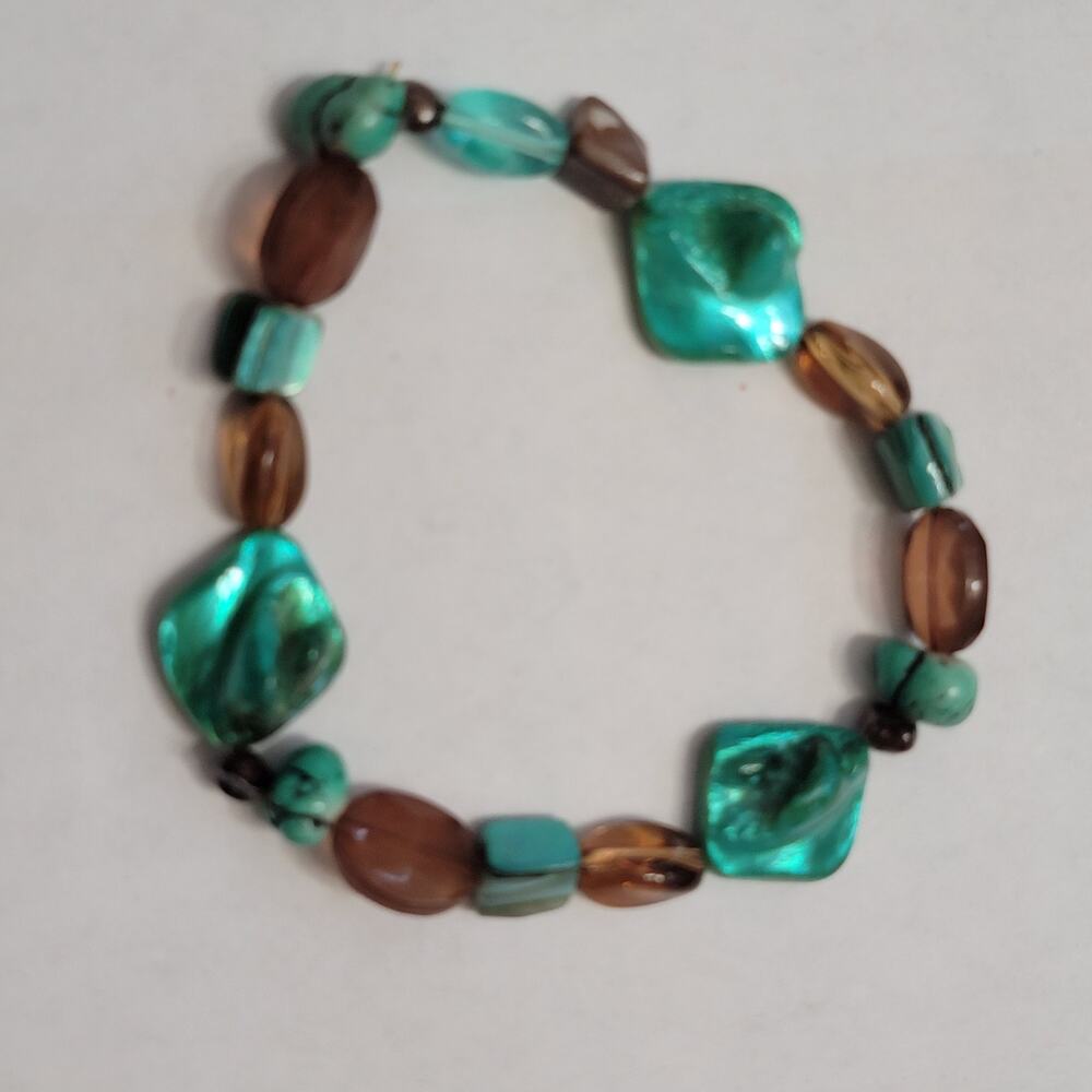 Vintage Teal Shell Style Bead Bracelet Amber Brown Glass Beads Stretch 7in Boho